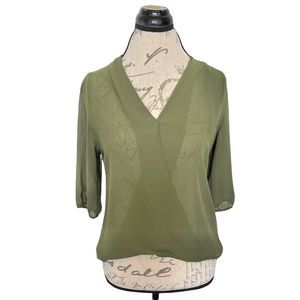 Naked Zebra Womens Blouse Size Small  Semi Sheer Army Green Dressy V Neckline